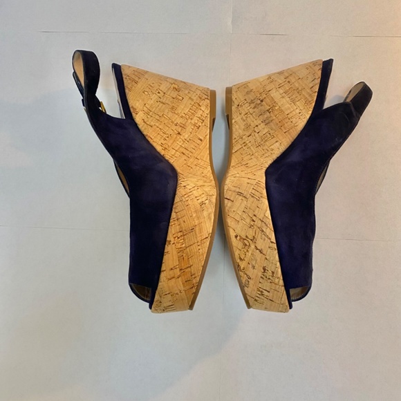 Authentic Stuart Weitzman Cork Wedge Navy Blue Suede Slingback Shoes Size 7 - Picture 4 of 8